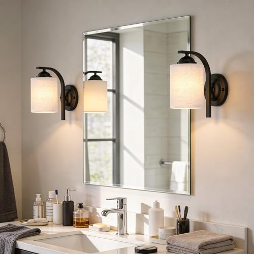 Image of Wall Sconces Lights Lamp for Bedroom Bathroom, Modern Vanity Light Fixtures, Matte Black Farmhouse Wall Mount Lighting Lanterns with Fabric Shade for Living Room Mirror Hallway Kitchen