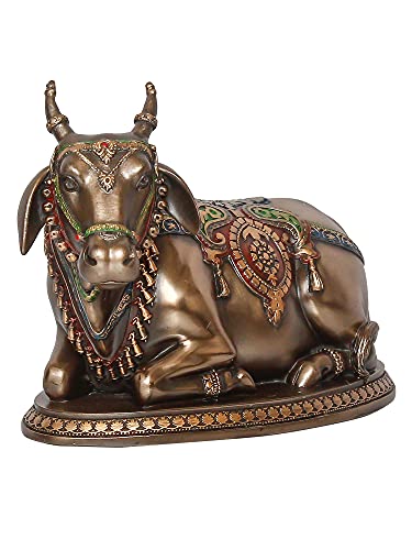 Image of eCraftIndia Handcrafted Polyresin and Bronze Nandi Statue Animal Figurine for Home, Office, Spiritual Spaces for Hindu Devotees