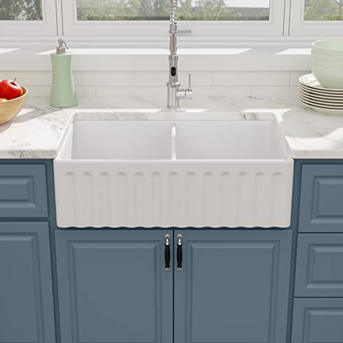 33 White Farm Sink Double Bowl - Donsdey 33×20 Apron Front Farmhouse Kitchen Sink Reversible Double Bowl 50/50 White Ceramic Porcelain Fireclay Farmer Sink Basin #TOP2