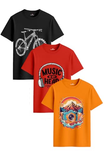 Image of Men's Regular Fit Printed T-Shirt Combo Pack of 3 | 100% Cotton Round Neck Half Sleeve Graphic Tees