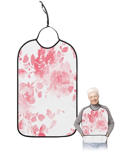 LEOKOTI Pink Botanical Adult Bibs for Eating, Waterproof Bibs with Food Catcher & Snap Closure, Watercolor Pink Spring Floral Abstract Art Washable Clothing Protectors Adult Bibs for Elderly