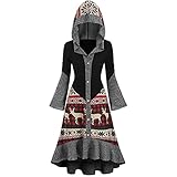 Graceyo Weihnachtskleid Damen Vintage Gothic Kleid Wickelkleid Weihnachten Drucken Rüschen Umhang Pullover Kleid Mit Kapuze Frauen Abendkleid Cocktailkleid Partykleid Festlich Kleidung, M, Schwarz
