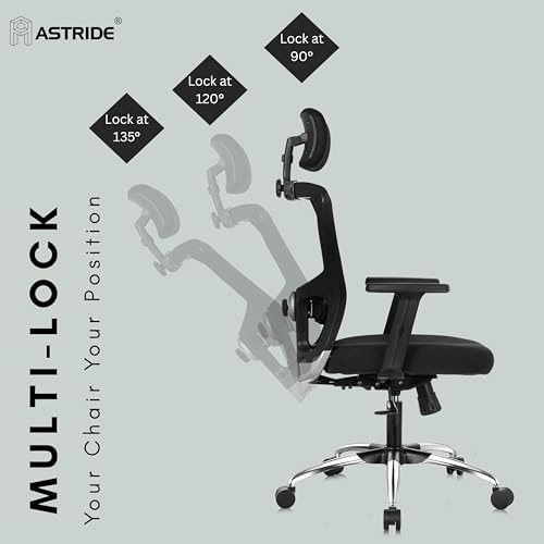 Image of ASTRIDE Aevin Pro Ergonomic Office Chair for Work || 7 Years Warranty || Multi Lock Synchro Mechanism || 2D Soft Arms || 3D Headrest || [Heavy Duty Metal Base, Black]
