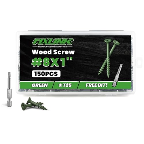 Image of Wood Screws 1 Inch, FIXLINK Deck Screws #8 x 1, 150 PCS, Epoxy Coated, T25 Star Bit Above 1500 Hour Salt Spray Coating Outdoor Decking Screws Excellent Rust Resistant for Outdoor Wood Fence, Green