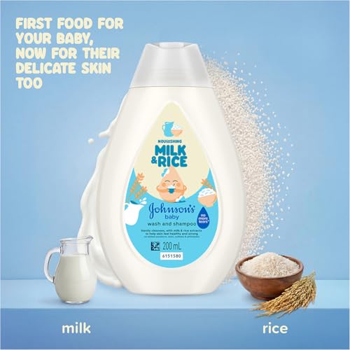 Image of Johnson's Baby Nourishing Milk & Rice Wash & Shampoo 200 ml | 2‑in‑1 Gentle Cleanser for Newborn Hair & Skin | All Skin Types Including Sensitive Skin | With Milk Protein, Rice Extracts & Multivitamin Complex | No More Tears Formula | No Added Parabens, Dyes, Sulphates & Pthalates | Hypoallergenic & PH Based Formula