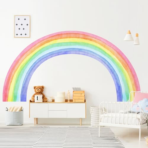 Supzone Stickers Muraux Enfants Arc en Ciel Aquarelle - Grand Format 210x108cm Autocollant Mural en Vinyle pour Deco Chambre Fille, Nursery et Salle de Jeux