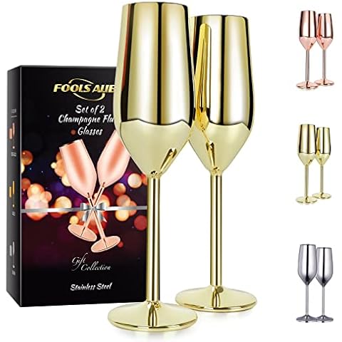 Gold Champagne Flutes Stainless Steel Champagne Flutes Glass Set of 2, 200ML Unbreakable BPA Free Champagne Wine Glasses for Wedding, Parties and Anniversary 3 Colors (Gold) Cover