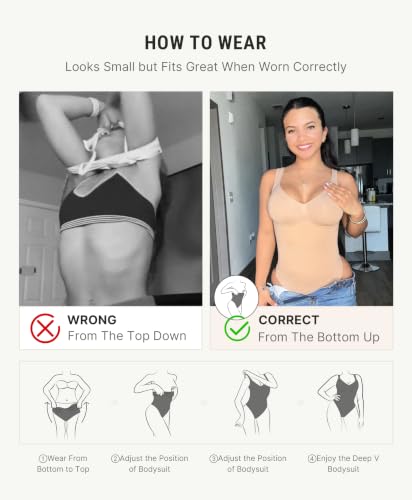 Image of FeelinGirl Shapewear Bodysuits for Women Tummy Control Thong Seamless V Neck Compression Body Suits Corset Top
