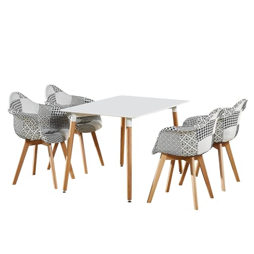 Image of Halo 5-Piece Dining Set – Modern Retro Rectangular Table with Solid Wood Legs & 4 Patchwork Mid-Century Chairs – Compact Kitchen or Dining Room Set for 4 – Stylish, Comfortable & Easy to Assemble