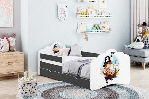 Happy Babies MOBI Kinderbett 160x80 Jugendbett mit Rausfallschutz & Bettkasten Kinderzimmer Bett mit Matratze 80x160 Kinder-Bett für Jungen mit Pirat Motiv (M36)