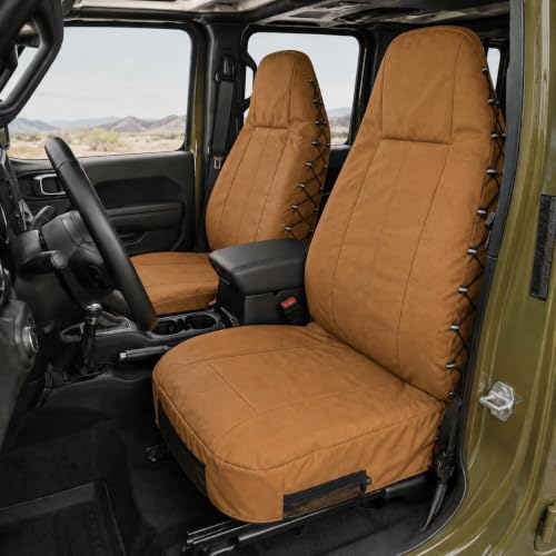 FEIMOSI Heavy Duty Canvas Front Seat Covers for Toyota RAV4 2013-2026, High Back Bucket Seat Covers, Water Repellent Fabric, Airbag Compatible, Universal Fit with Headrest Covers, Tan - Image 3