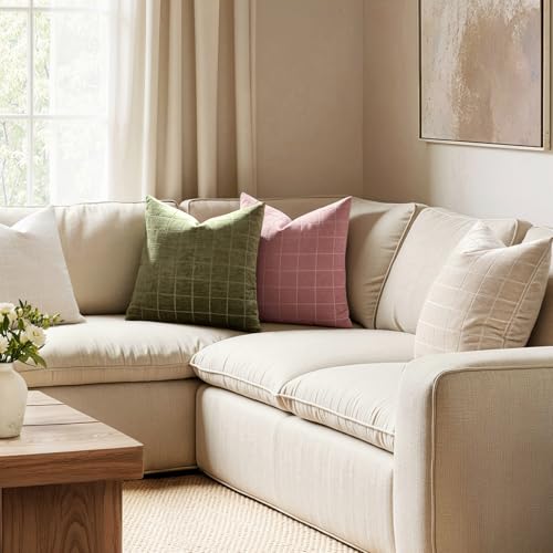 Image of MIULEE Olive Green Plaid Decorative Throw Pillow Covers 18x18 Set of 2 | Vintage Check Chenille Couch Pillows Neutral Boho Farmhouse Cushion Covers Modern Home Decor for Sofa Bed Living Room