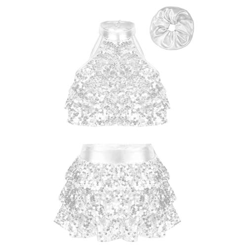 JanJean Kids Girls Sparkle Metallic Crop Top with Skirted Hair Band for Hip Hop Jazz Street Dance Competition Silver 7-8 Years