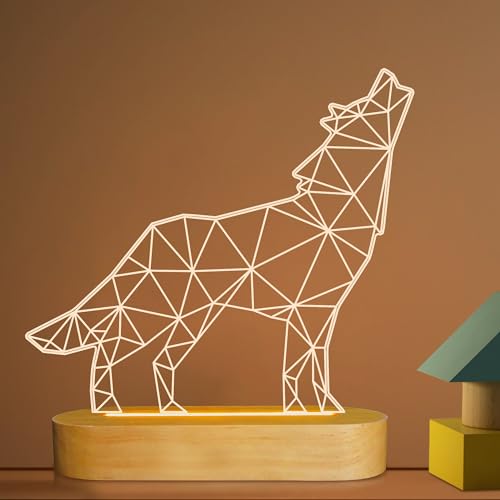Wolves Gifts,3D Optical Illusion Wolf Lamp Animal LED Night Light for Kids Boys Men Bedroom Decoration,USB Power Warm White Color Table Lamps,Yellow