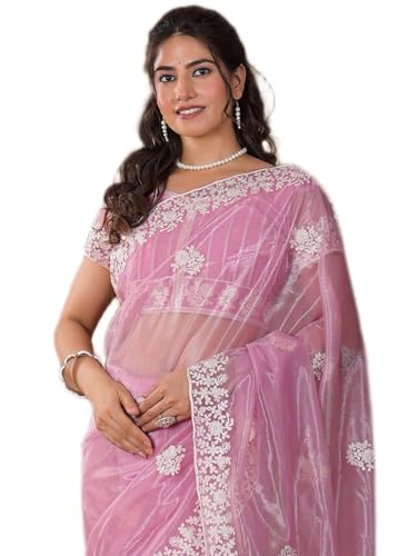 Image of Satrani Women's Net Embroidery Saree with Unstitched Blouse Piece