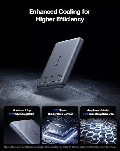 Image of Baseus Picogo Power Bank, Smallest Qi2 Certified 15W MagSafe Portable Charger, 0.5 inch Ultra Slim 5000mAh Magnetic Battery Pack with Stand, Alloy Wireless Charger for iPhone 17 Pro Max /17 Air /16 Series