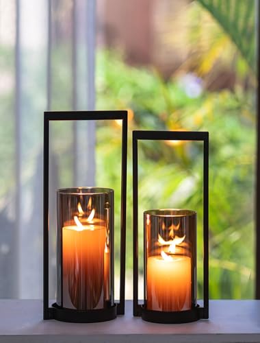 Sziqiqi Windlicht Kerzenständer Schwarz mit Rauchglas: Kerzenhalter Metall...