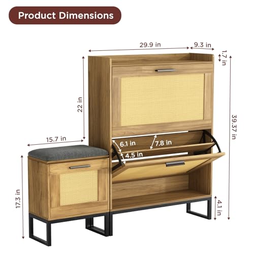 Image of Maupvit Shoe Cabinet Storage for Entryway with Bench, Rustic Oak Rattan Narrow Shoe Cabinet with 2 Flip Drawers, Wooden L-Shaped Shoe Rack Slim Shoes Storage Organizer for Hallway, Entrance