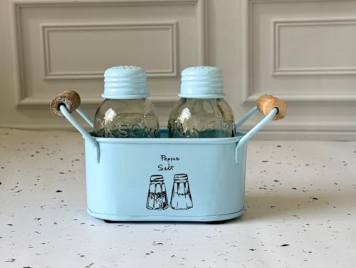 Image of JISCOVERY Salt and Pepper Dispenser Set for Dinning Table with Stand| Glass Bottom Spice Shaker Set with Metal Holder| Spice Sprinklers| 100 ML Each (Blue)