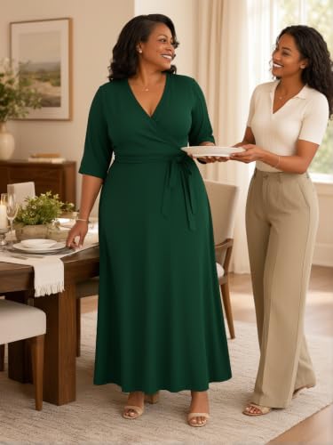 Image of SUZONANA Plus Size Maxi Dresses for Curcy Women Casual Loose 3 /4 Sleeve Long Dress with Belt