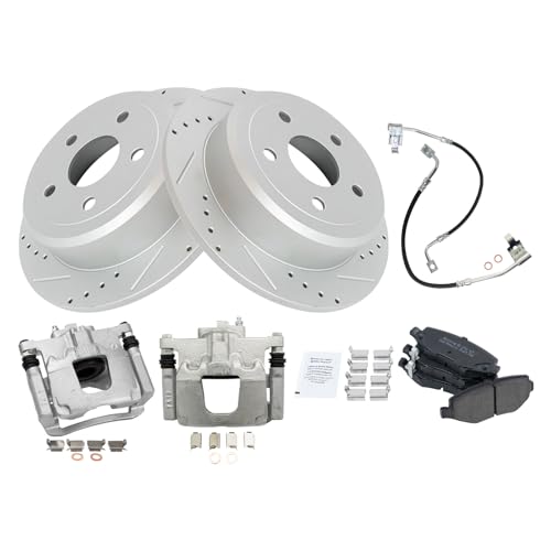 Image of TRQ Performance Rear Brake Pad and Rotor Set Semi Metallic Slotted Drilled Coated Rotors Calipers Compatible with 2008-2012 Jeep Wrangler