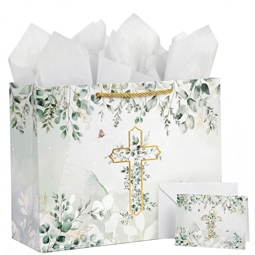 GFInYHM Baptism Gift Bag with Card and Tissue Paper 13 Gold Foil Cross Eucalyptus Leaves Religious Gift Bags Set for First Communion Christening Baby Shower Wedding Easter Confirmation