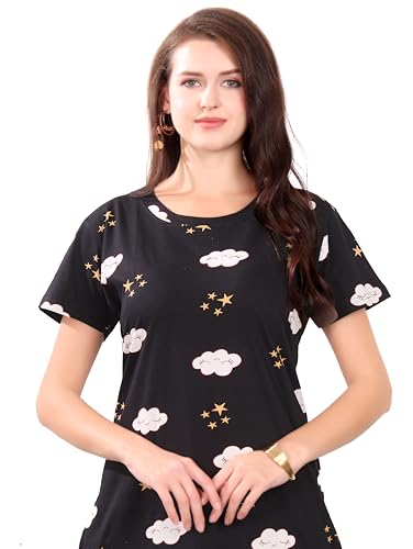 Image of Printed Knee Length Pocket Night Dresses for Women | Cat Lovers | Premium Soft Cotton Nighty | Sky Blue