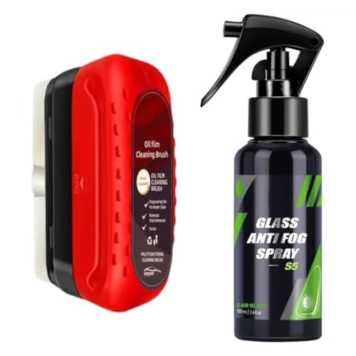 Image of Oil Film Cleaning Brush with Car Glass Anti-Fog Spray - Windshield Defogger and Stain Removal Kit for Exterior Window Cleaning, Anti-Mist Oil Film Remover for Car Glass and Mirrors