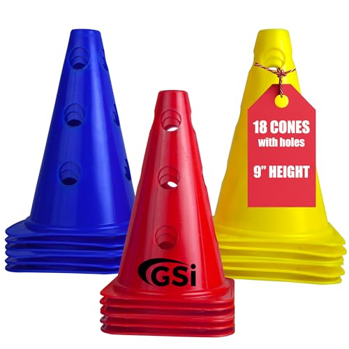 GSi Conos de entrenamiento de 9 pulgadas con agujeros, juego de 18, crea obstáculos ajustables y circuitos de agilidad, conos deportivos duraderos para fútbol, niños, PE y entrenamiento multideportivo