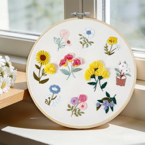 Image of Embroidery Kit for Beginners Adults, Cute Flowers Embroidery Starter Kits, Floral Stamped Cross Stitch Kits for Beginner Adults Craft Kits for Women, Entire Set of Embroidery Supplies & Video Tutorial