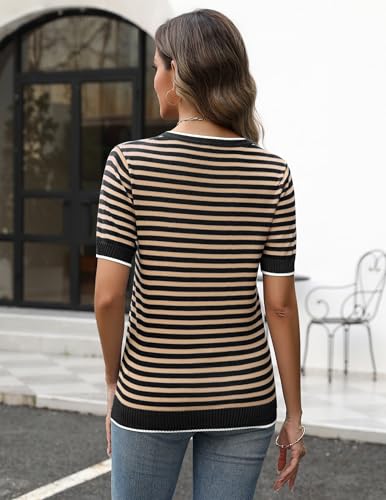 Zeagoo Womens Summer Tops Casual Short Sleeve Striped Sweater Shirt Crewneck Color Block Knit Blouses4