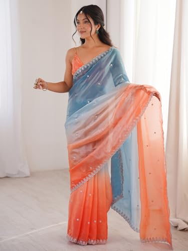 Image of AKHILAM Women's Shimmer Satin Sequence Embroidery Saree With Unstitched Blouse Piece(AARYAN21701 KR Parent)