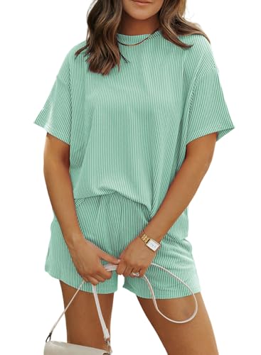 Image of MARZXIN Women 2 Piece Shorts Set 2026 Casual Summer Cruise Outfits Ribbed Loose Short Sleeve Pocket Matching Lounge Sets