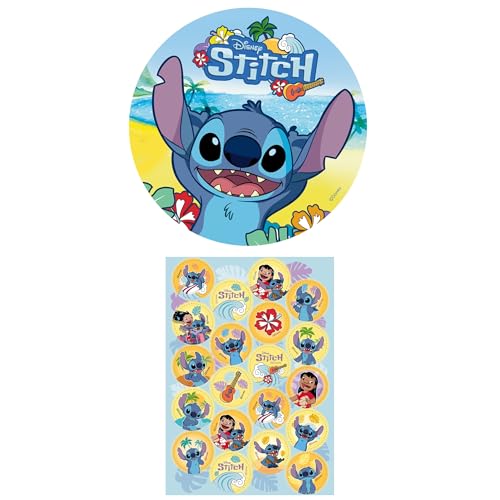 Dekozauber24 Edible Stitch cake topper 20cm + 20x muffin topper made of starch without sugar additives stitch cake decorations for birthday parties