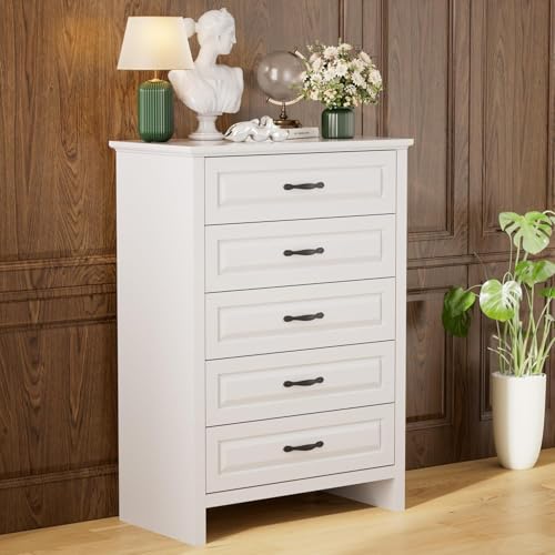 Pipishell Farmhouse 5 Drawer Dresser for Bedroom, 42.7" Tall Wood Rustic Chest of Drawers with Metal Handle, Modern Farmhouse Storgae Organizer with Large Drawers, White - Image 7