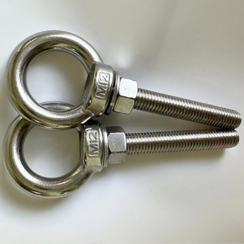Image of 304 Stainless Steel Shoulder Eye Bolts, 2 PCS M12 Heavy Duty Eye Bolt Lifting Ring 3.15 inch Threaded Eyebolt with Nuts and Flat Washers(Thread Length 80mm) Muti-Function for Indoor Outdoor