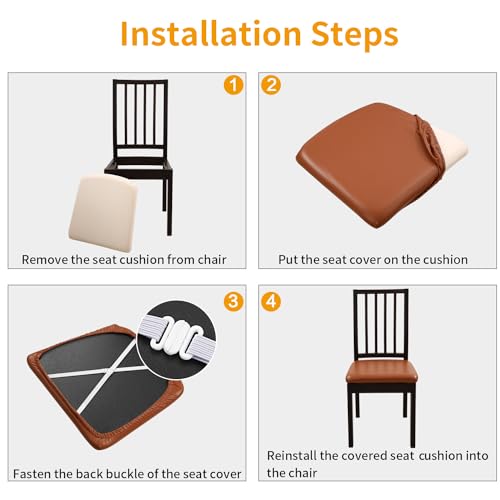 Image of YISUN Chair Seat Covers Set of 4, Pu Leather Waterproof Dining Room Chair Covers, Stretch Chair Cover for Dining Room Chair Protector Slipcover for Kitchen, Hotel (Pu Light Brown, 4)