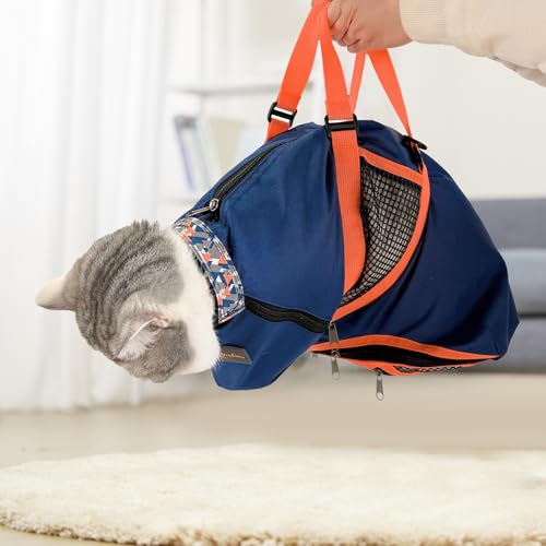 Image of Cinf Cat Nail Clipping Cleaning Grooming Restraint Bag （Free Muzzle） No Scratching Biting for Bathing Nail Trimming Injecting Examining((Navy Blue,M)