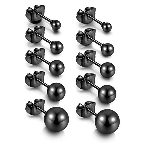 Jovivi 5 Paires Boucles d'oreilles Boule Clou d’Oreille en Acier Inoxydable Piercing Boucles d'oreilles Noir Boule 3mm-7mm.