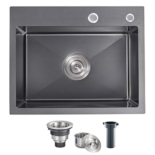 Rovate 22 X 18 Inch Topmount Kitchen Sink Single Bowl, Handmade Durable Dark Grey Black Nano Titanium Plating Sus304 Stainless Steel Drop-In Kitchen Sink #TOP1