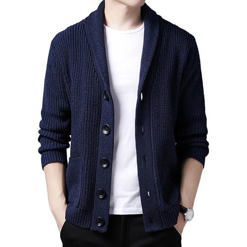 Mens Shawl Collar Cardigan Sweater Long Sleeve Button Cable Knit Men Sweaters Loose Fit Casual Ribbed Knit Cardigans (Blue,Large)