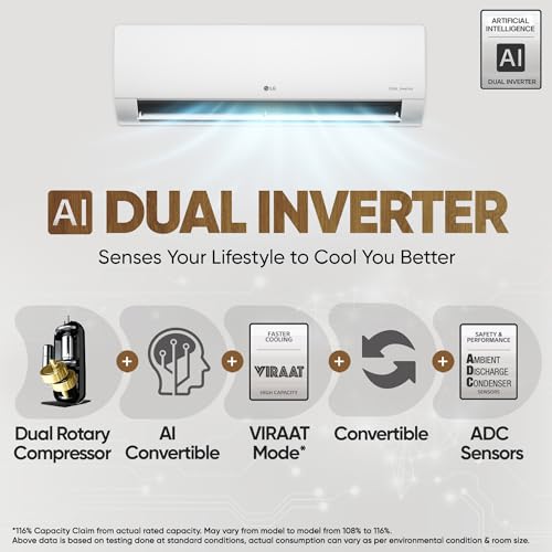 Image of LG 1 Ton 3 Star DUAL Inverter Split AC (Copper, AI Convertible 6-in-1 Cooling, Faster Cooling & Energy Saving, 2 Way Air Swing, HD Filter with Anti-Virus Protection, US-Q12CNXE, White)