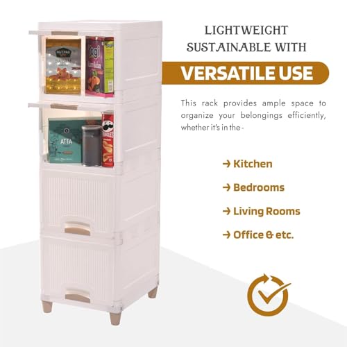Image of YASONIC π° π§πΆπ²πΏ Foldable Plastic Rack for Storage /Kitchen Cupboard /Versatile and Sturdy Wardrobe for Clothes /Multipurpose Storage Organizer /Closet for Bedroom /Living Room /Laundry Room (Off White)