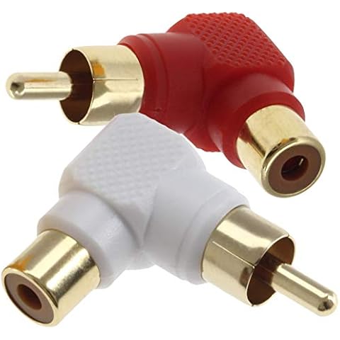 1STec Pair of Right Angled 90° Degree Gold Plated RCA Phono Elbow Type Adaptor for Angle Changing Stereo Audio or AV Video Cable Leads Male to Female or Plug to Socket Connectors (Red + White) Cover