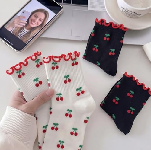 Image of Women's Cute Crew Socks, Casual Athletic Cotton Bowknot Cherry Calf Novelty Socks for Women