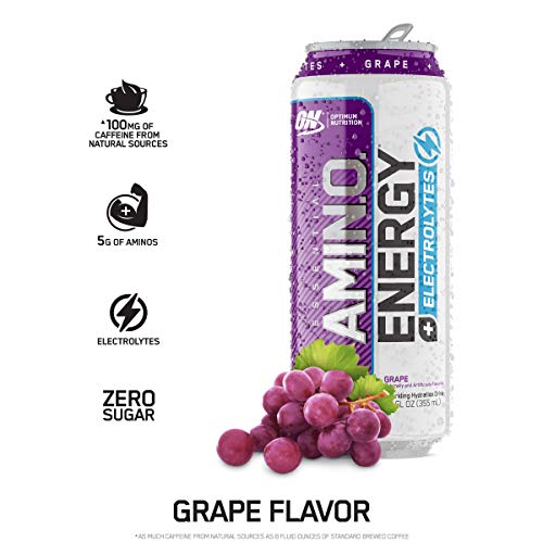 Image of Optimum Nutrition Amino Energy Powder, Concord Grape, 20.6 Ounce, 65 Servings with Essential Amino Energy Plus Electrolyes Sparkling Drink, Grape, 12 Count - Bundle Pack
