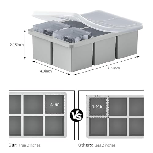 Image of Ice Cube Molds with Lid,Big Silicone Ice Cube Tray for Whiskey,2Inch Square Ice Cube Tray,Easy-Release Ice Mold,Giant Ice Cubes for Bourbon Cocktail (3, Grey)