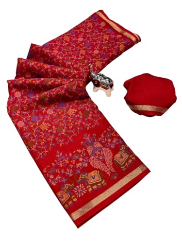 Image of Kalamkari Floral Prints Dola Silk Saree With Rich Zari Border Designer Pallu Attach Blouse Piece