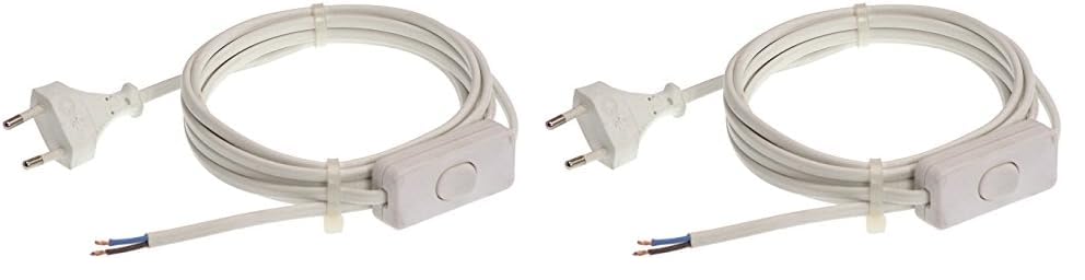as - Schwabe - Cable de conexión Euro con Interruptor intermedio 3m H03VVH2-F 2x0,75, Enchufe Plano Euro, 30mm pelado con terminales de Cable, 230V, 2,5A, Blanco, IP20, 70631 (Paquete de 2)