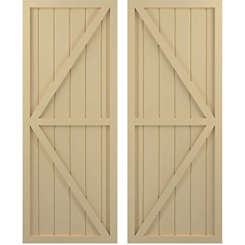 Ekena Millwork ARW102BF621X66NTH Americraft Six Exterior Real Wood Two Equal Panel Framed Board-n-Batten Shutters w/Double Z-Bar (Per Pair), 21"W x 66"H, Natural Twine